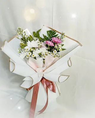 Fresh Daisy: Aster putih, aster ungu, daun, pikok, wrapping putih